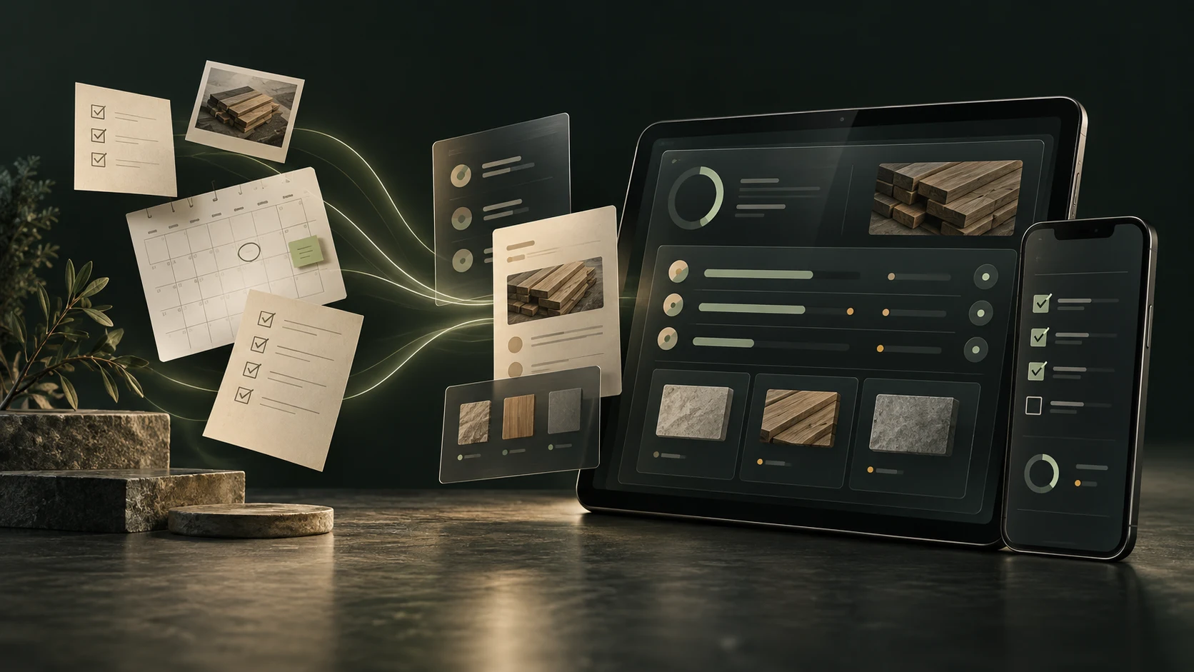 Illustration einer individuellen App auf Tablet und Smartphone, verbunden mit Checklisten, Terminplanung und Arbeitsmaterialien