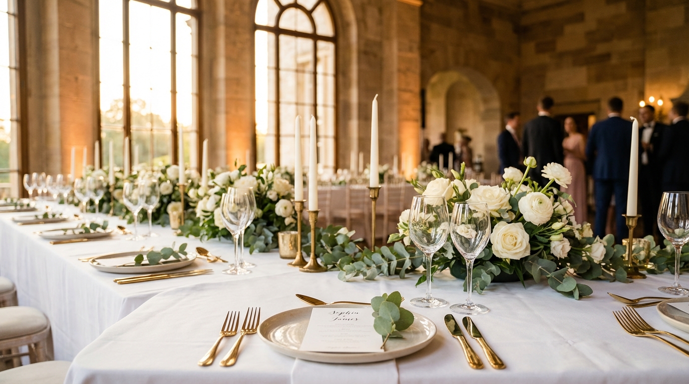 Elegantes Catering-Setup fuer eine Hochzeitsfeier — gedeckte Tafel mit Kerzenlicht