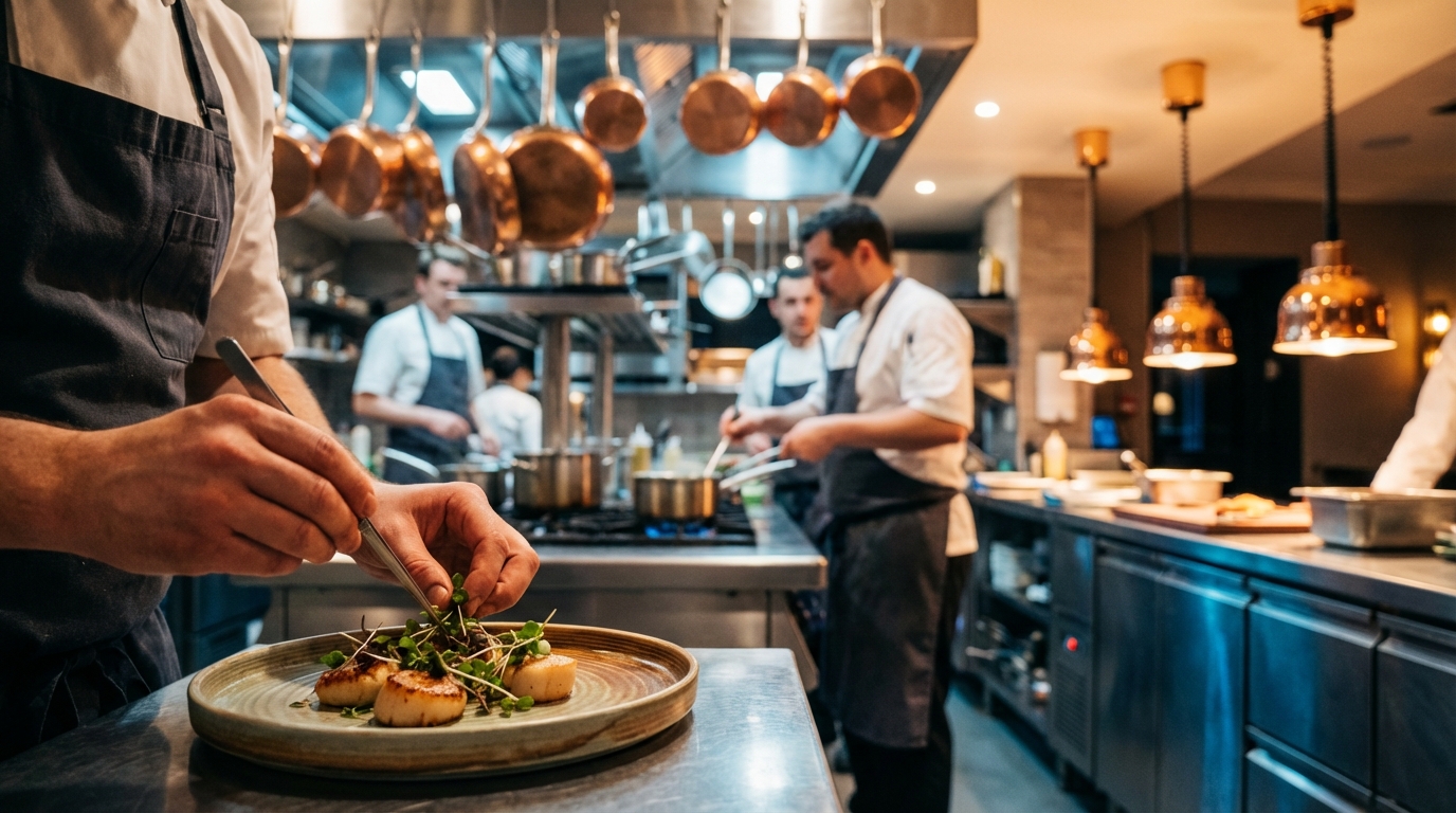 Restaurant-Kueche waehrend des Abendservice — Koecheteam bei der Arbeit