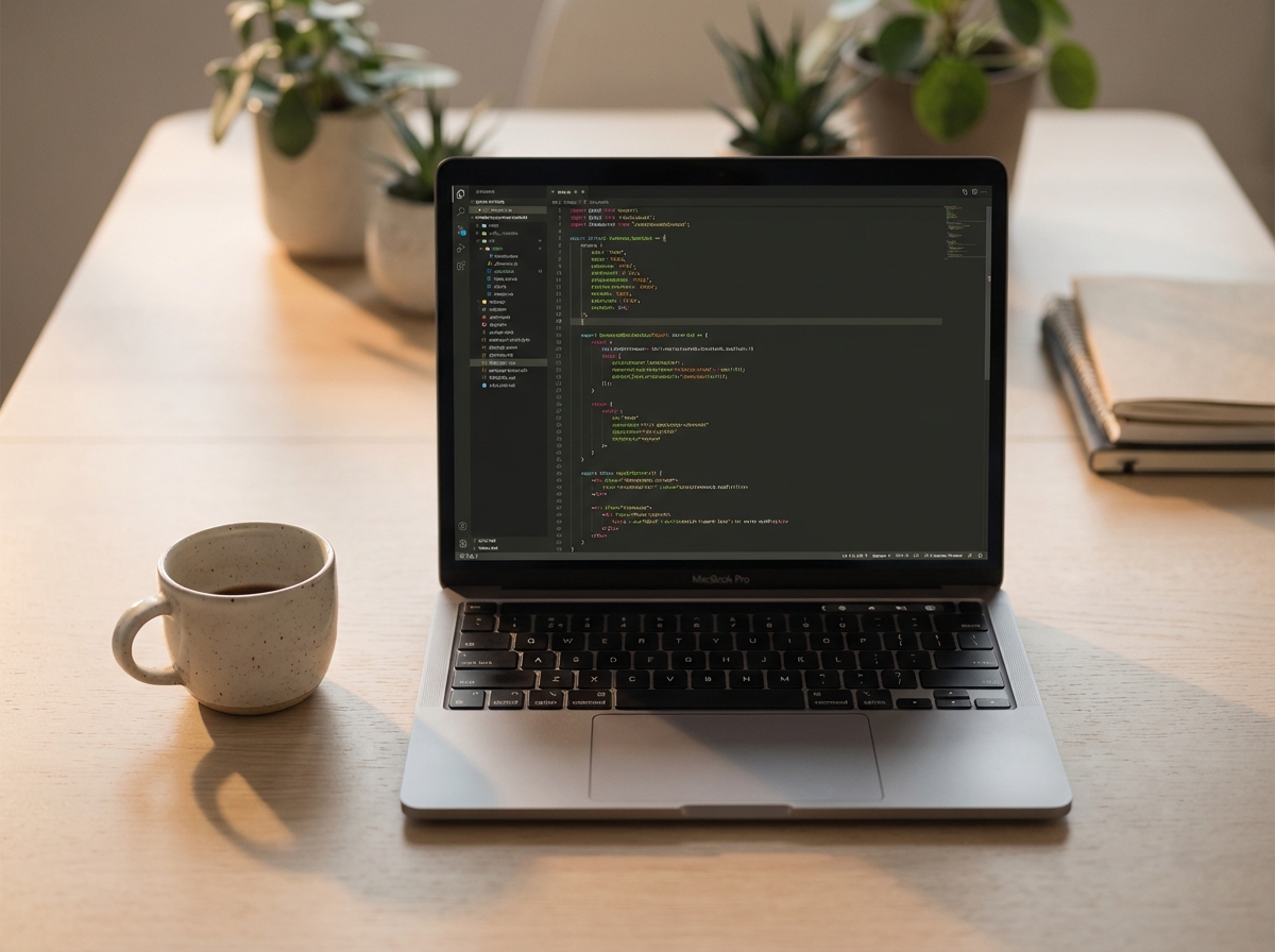 Moderner Arbeitsplatz mit Laptop und warmem Licht