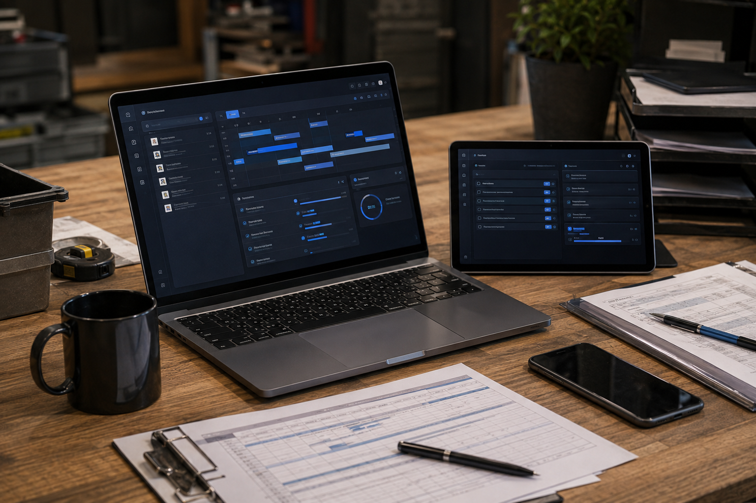 Laptop und Tablet auf einem operativen Arbeitstisch mit individueller Software für Planung, Aufgaben und Prozessstatus